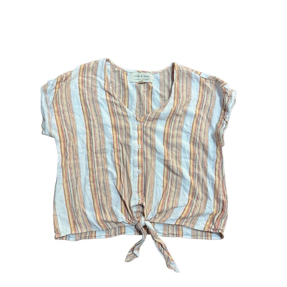 Anthropologie Cloth & Stone Striped Linen Blend Cropped Top Tie Waist Sz XS